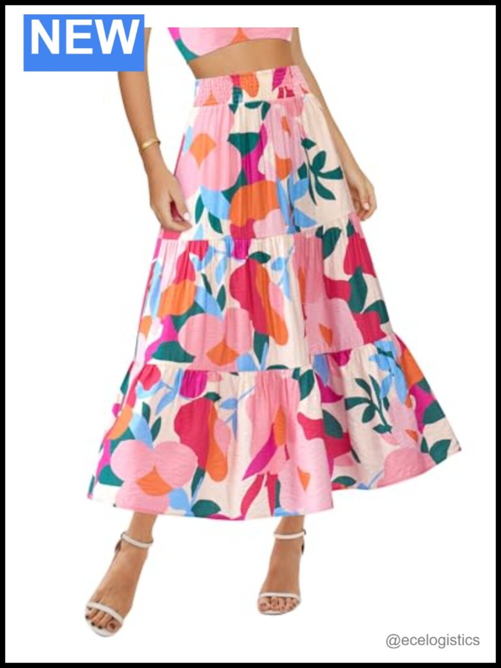 Boho Floral Midi Skirt High Waist A-Line Elastic Waistband